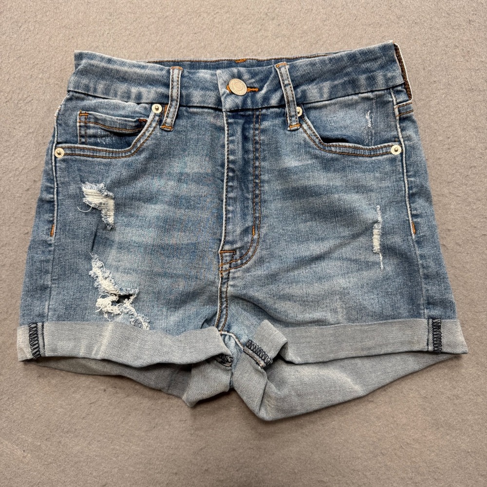 Aeropostale Shorts Women's 2 Blue Denim High‎ Rise Curvy Midi Cuffed Distressed